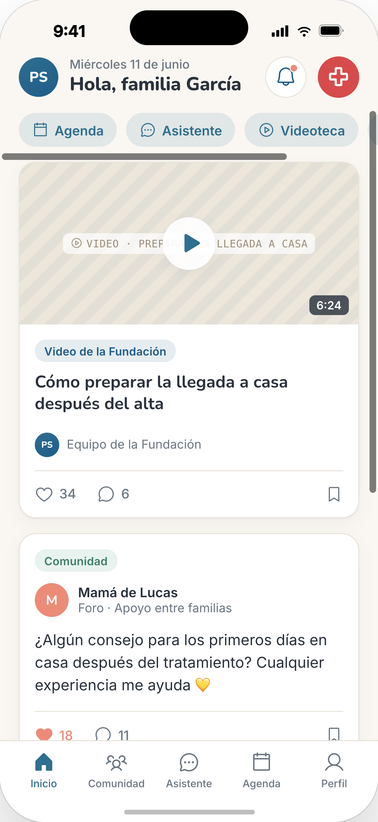 App Comunitaria: inicio con contenido de la Fundación