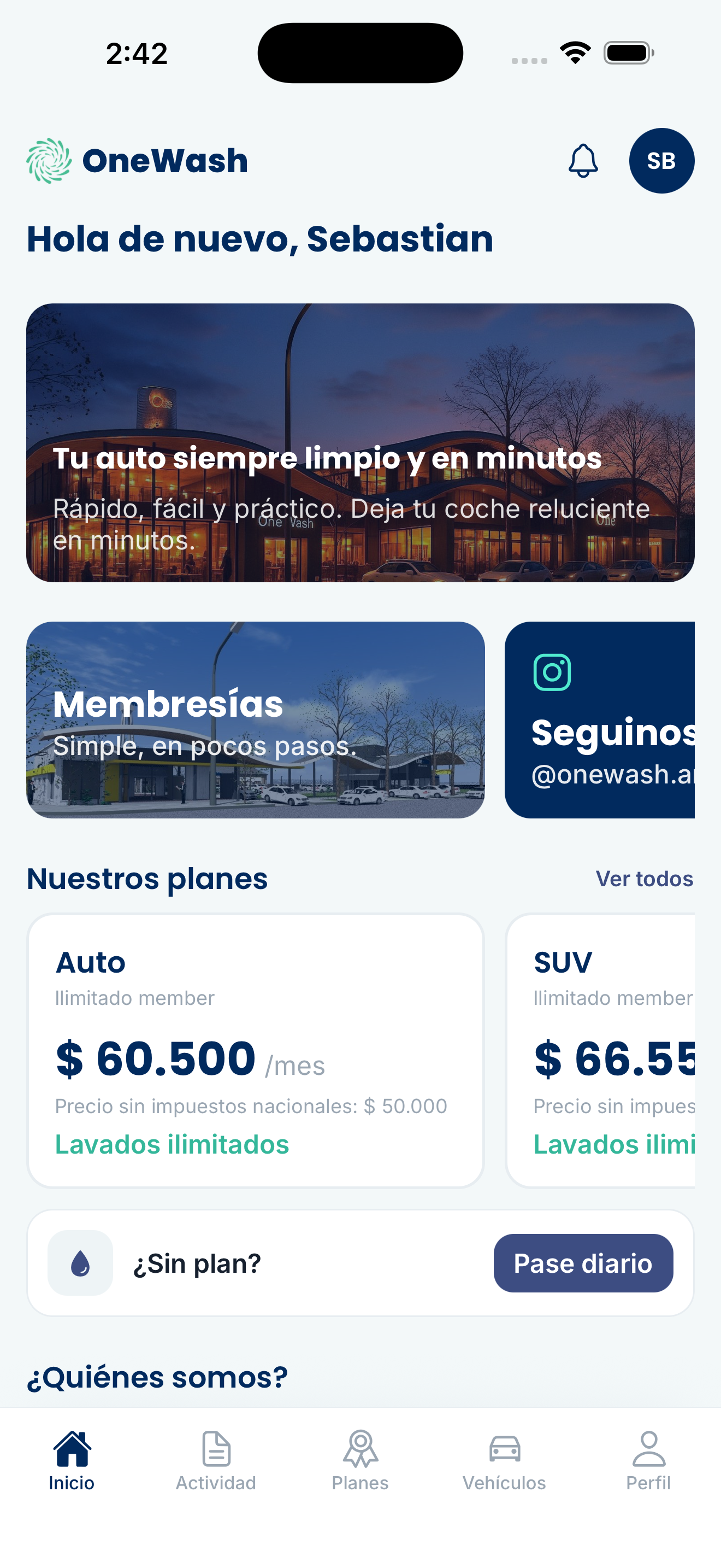 OneWash: inicio con el plan y los lavados usados